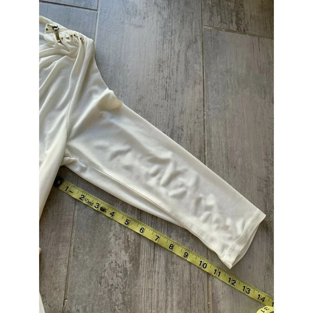 $225 CARMEN MARC VALVO White 3/4 Sleeve Slinky Blouse Tunic Gold Zipper Detail M - Picture 7 of 8